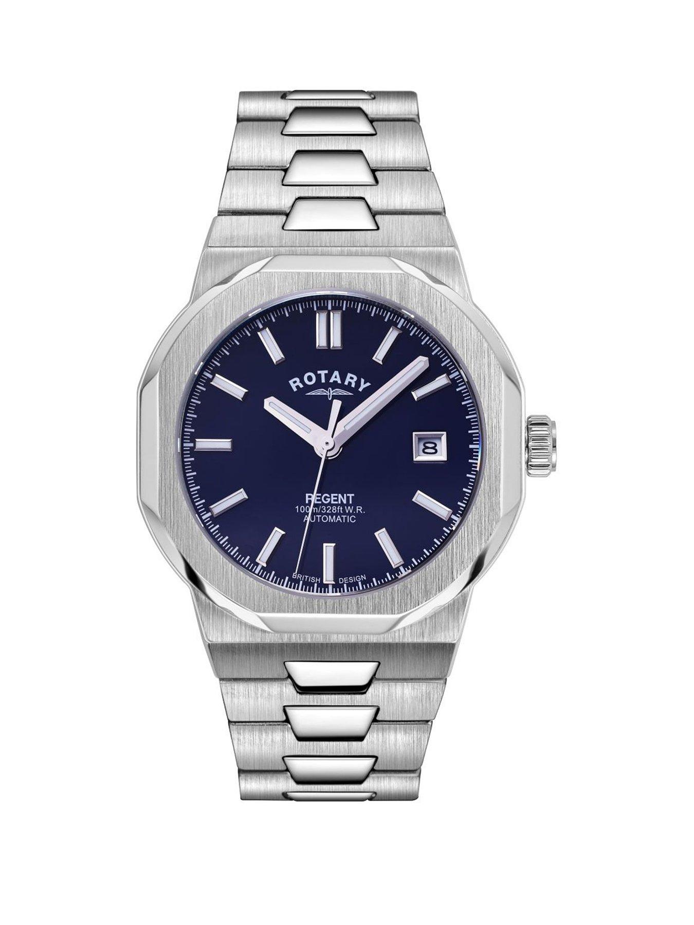 Product photograph of Rotary Stainless Steel Regent Sport Automatic Watch - Navy from very.co.uk