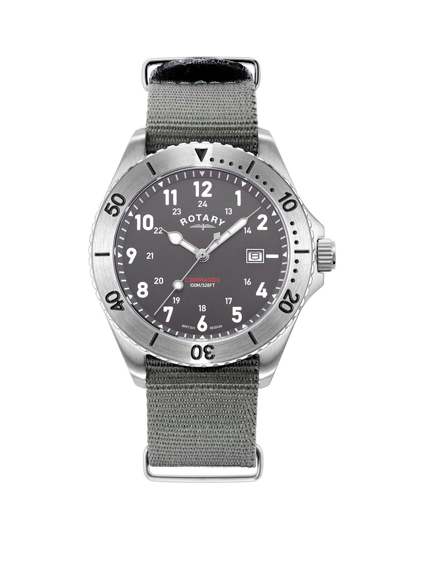 Product photograph of Rotary Stainless Steel Commando Textile Strap Watch - Grey from very.co.uk