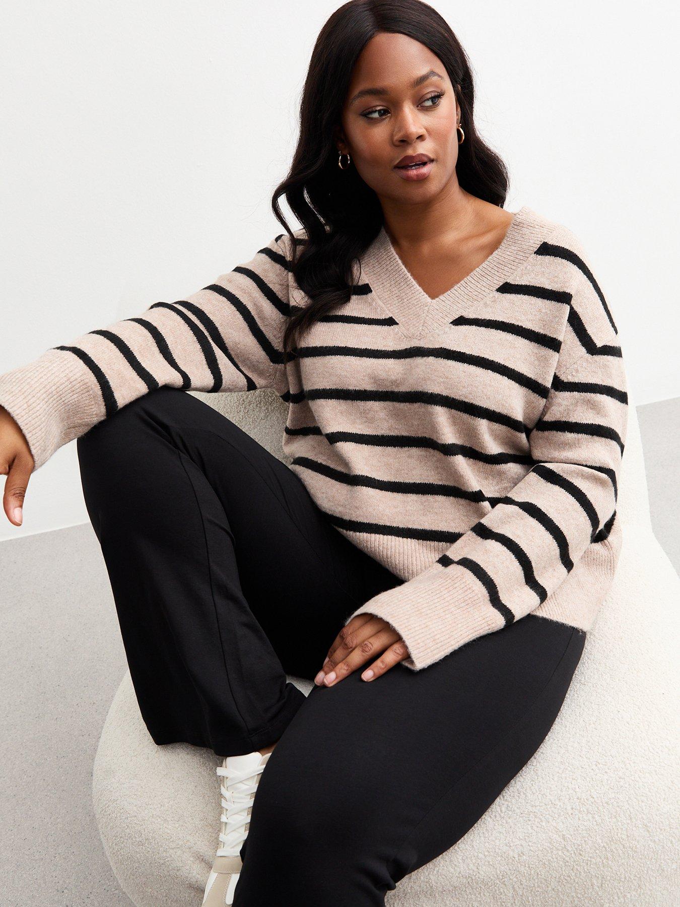 New Look Curves Knit V Neck Striped Jumper Beige Very