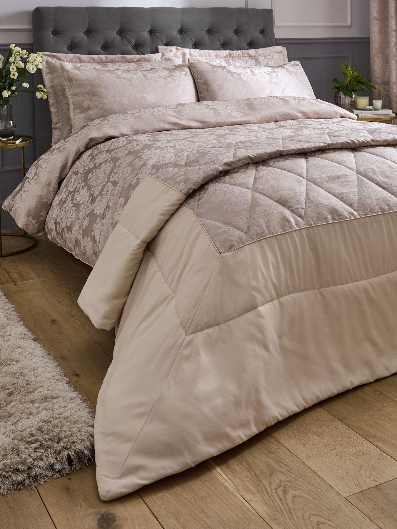 Product photograph of Catherine Lansfield Damask Jacquard Bedspread Throw - Champagne from very.co.uk