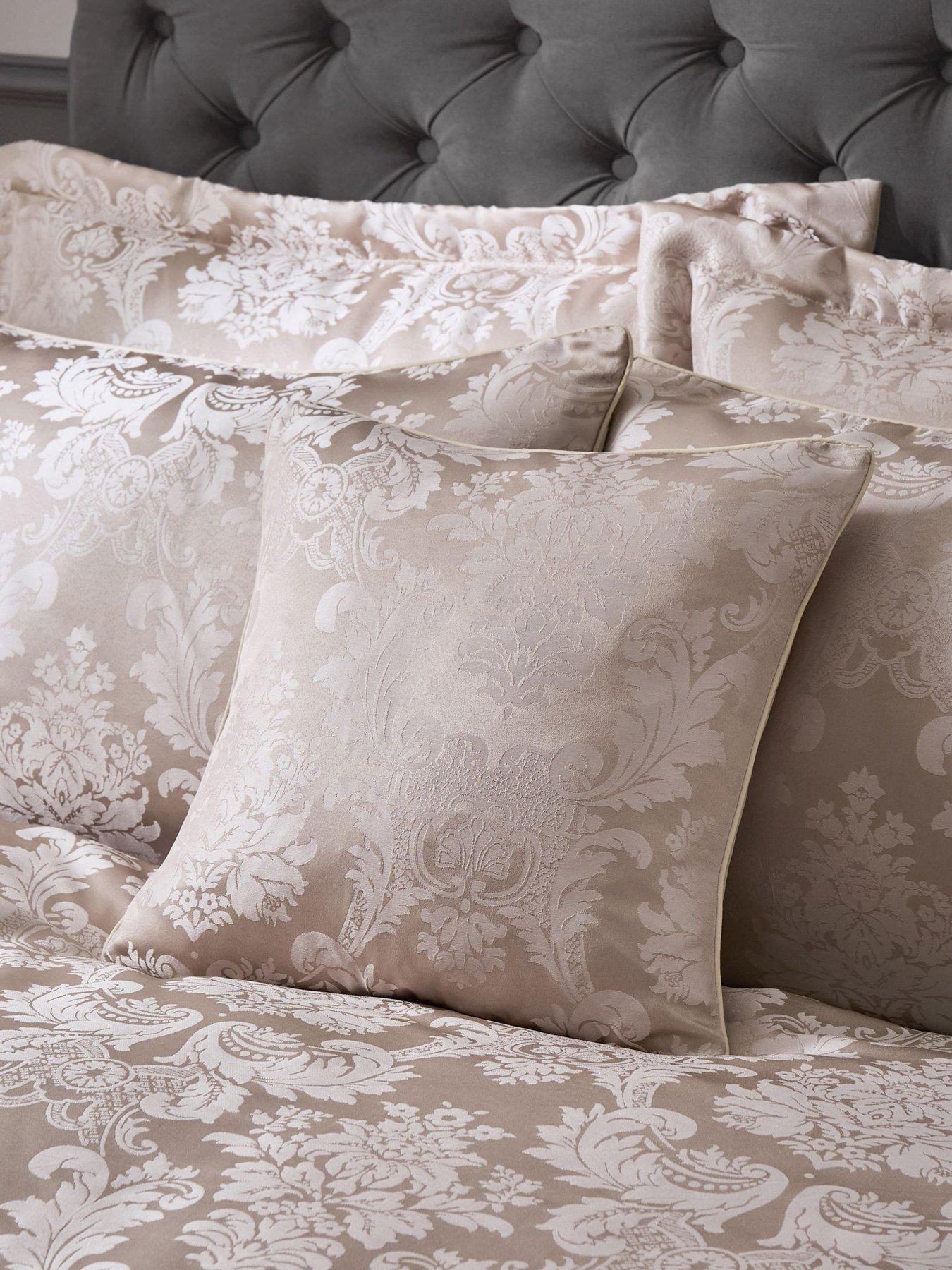 Product photograph of Catherine Lansfield Damask Jacquard Filled Cushion 43 X 43cm - Champagne from very.co.uk