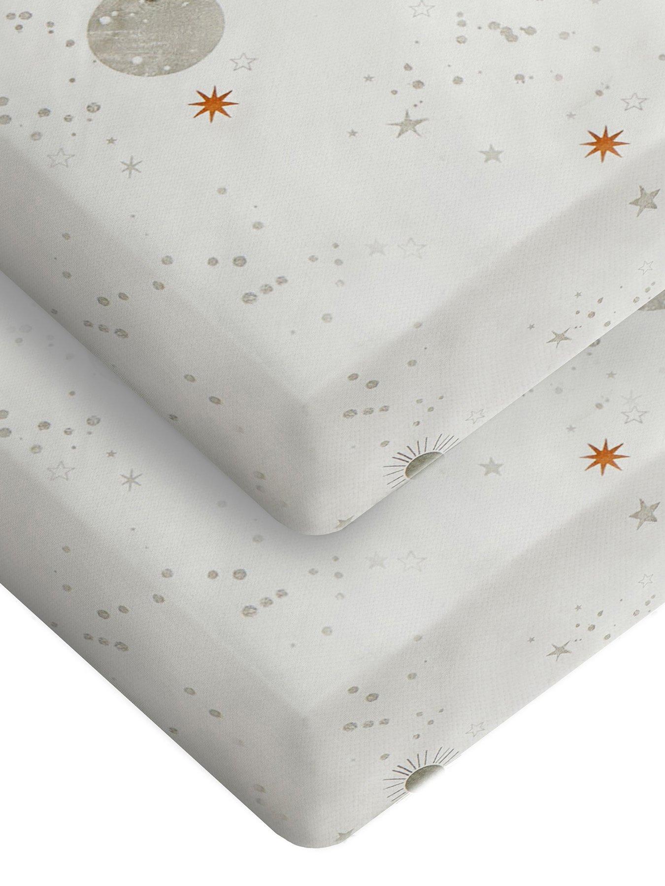Silentnight Safe Nights 2 x Pack 100% Cotton Cot Bed Fitted Sheets - 140cm x 70cm - Celestial Moon  &  Stars Print