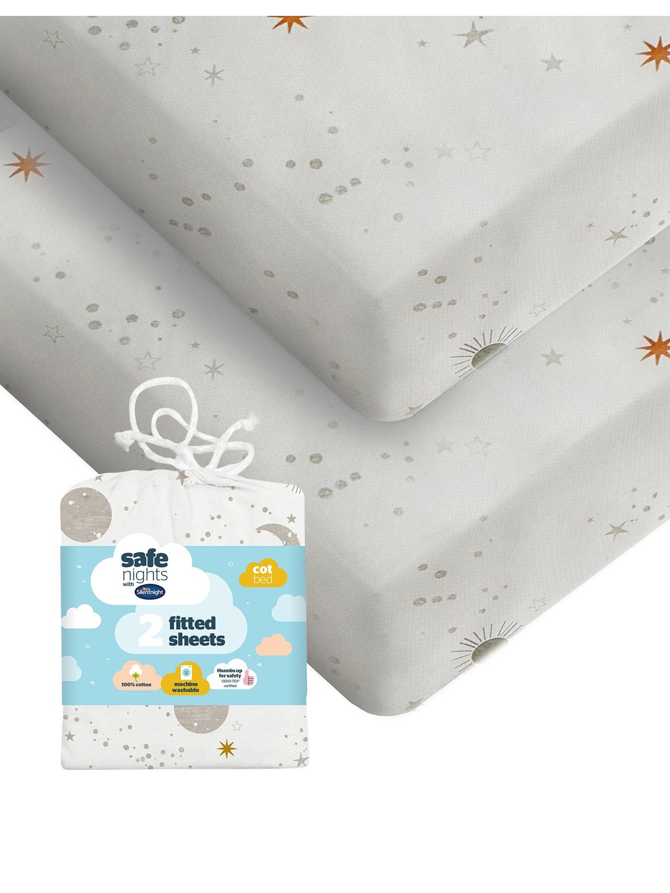Image 1 of 7 of Silentnight Safe Nights 2 x Pack 100% Cotton Cot Bed Fitted Sheets - 140cm x 70cm - Celestial Moon &amp; Stars Print