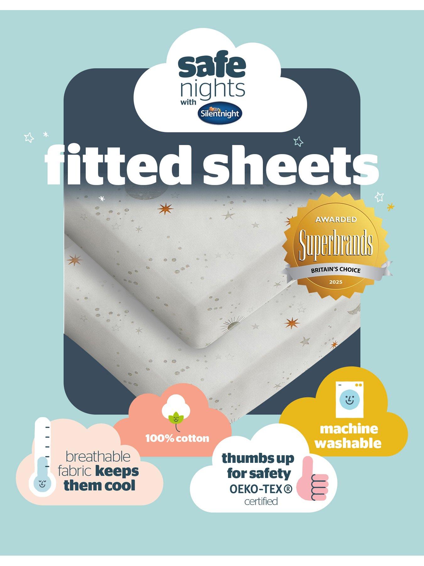 Image 7 of 7 of Silentnight Safe Nights 2 x Pack 100% Cotton Cot Bed Fitted Sheets - 140cm x 70cm - Celestial Moon &amp; Stars Print
