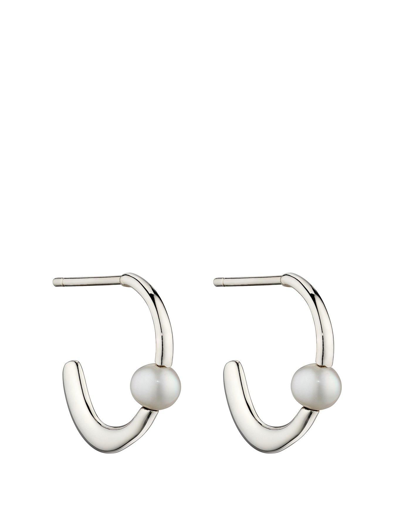 Product photograph of The Love Silver Collection White Pearl Hoop Earring from very.co.uk