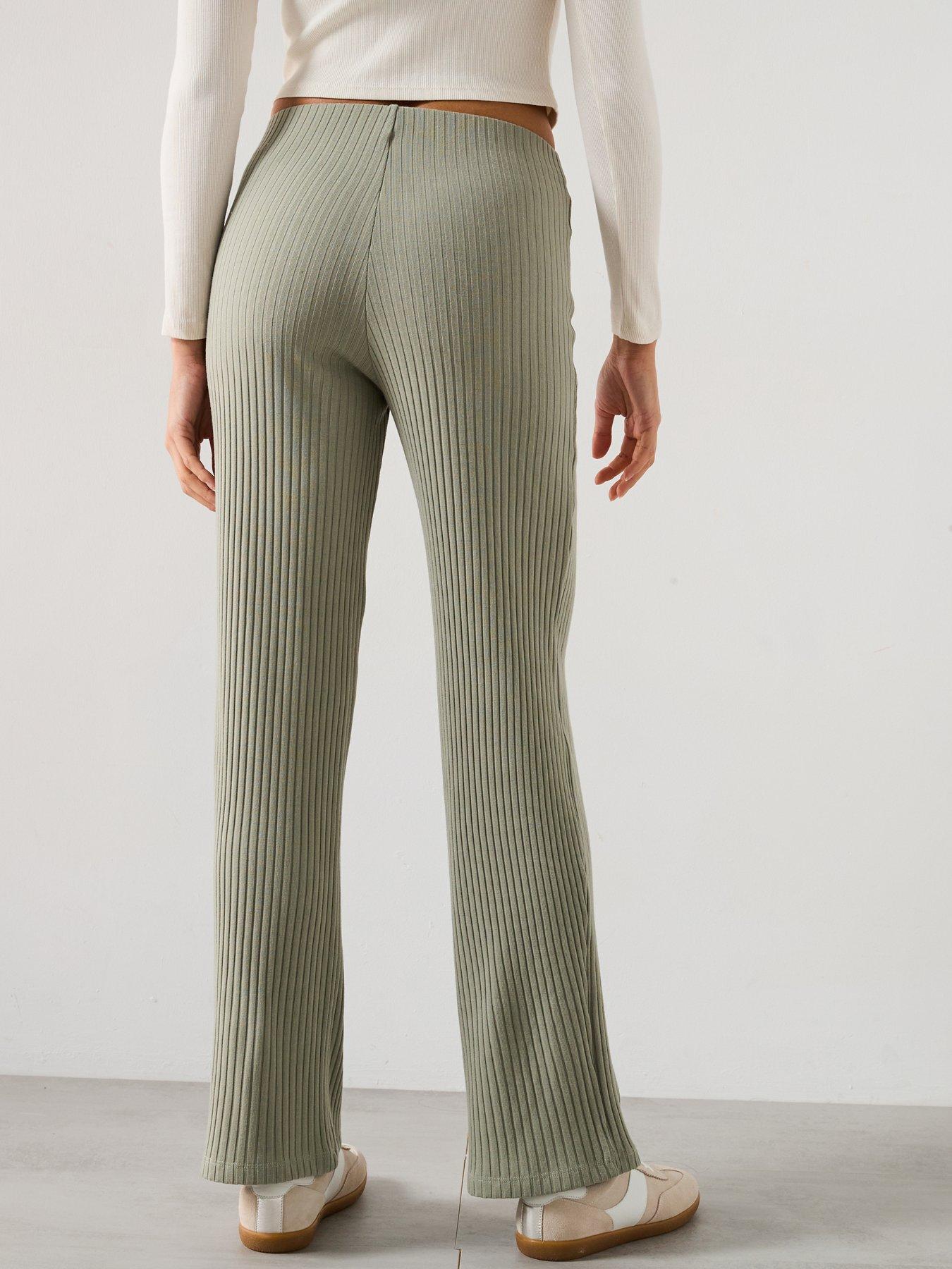 Image 2 of 5 of V by Very Ribbed Wide Leg&nbsp;Trousers - Green&nbsp;