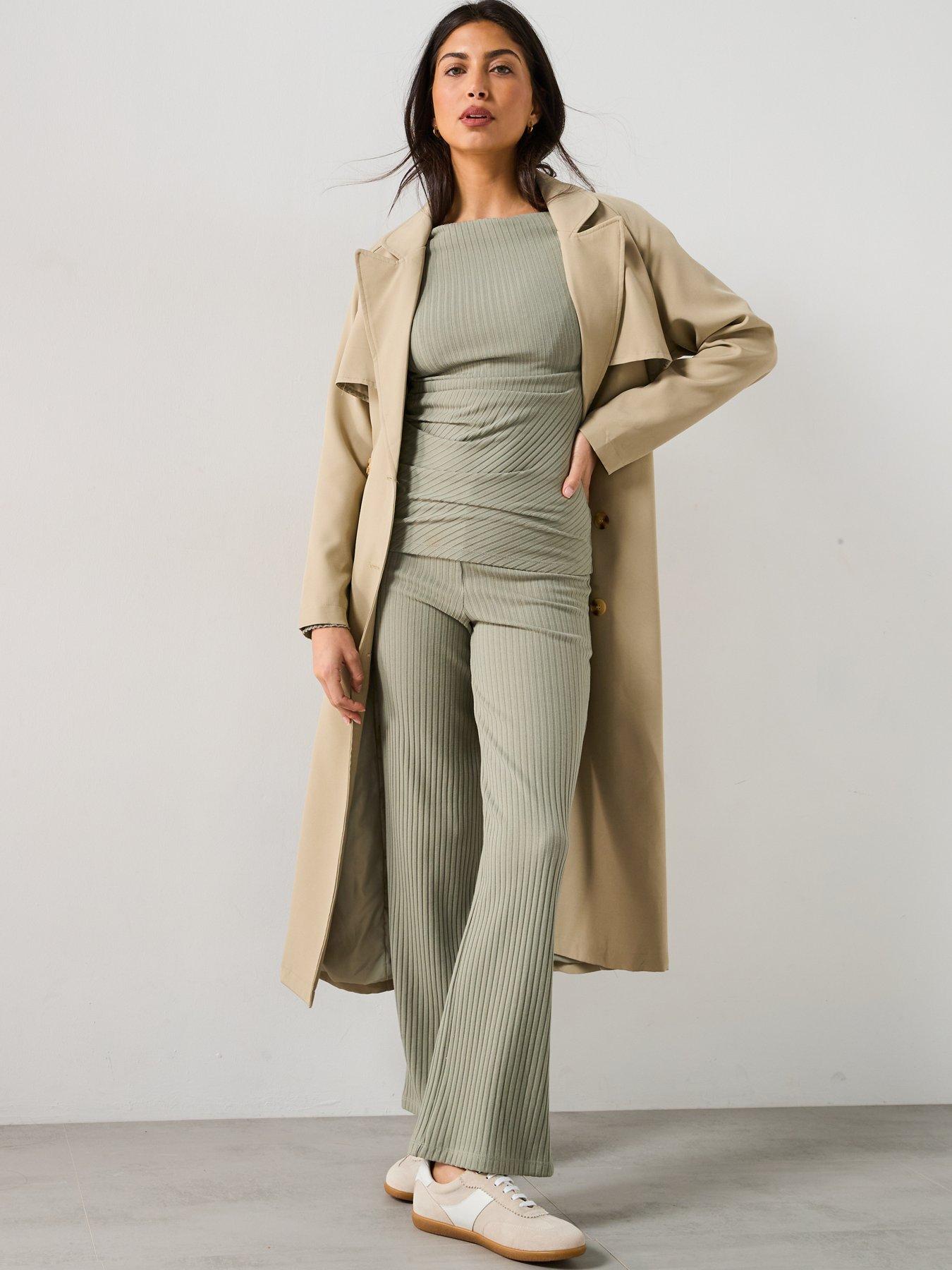 Image 3 of 5 of V by Very Ribbed Wide Leg&nbsp;Trousers - Green&nbsp;