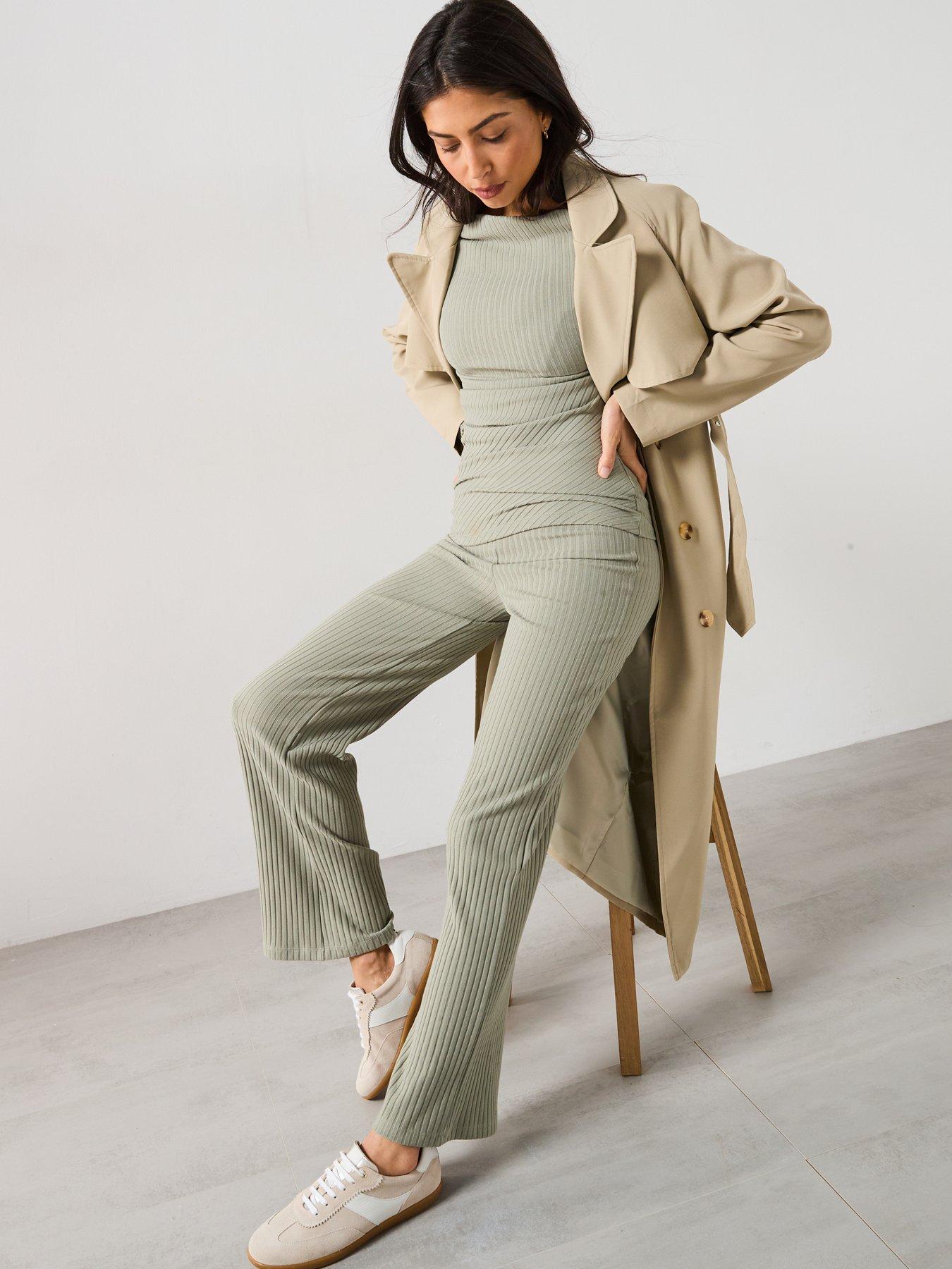 Image 4 of 5 of V by Very Ribbed Wide Leg&nbsp;Trousers - Green&nbsp;