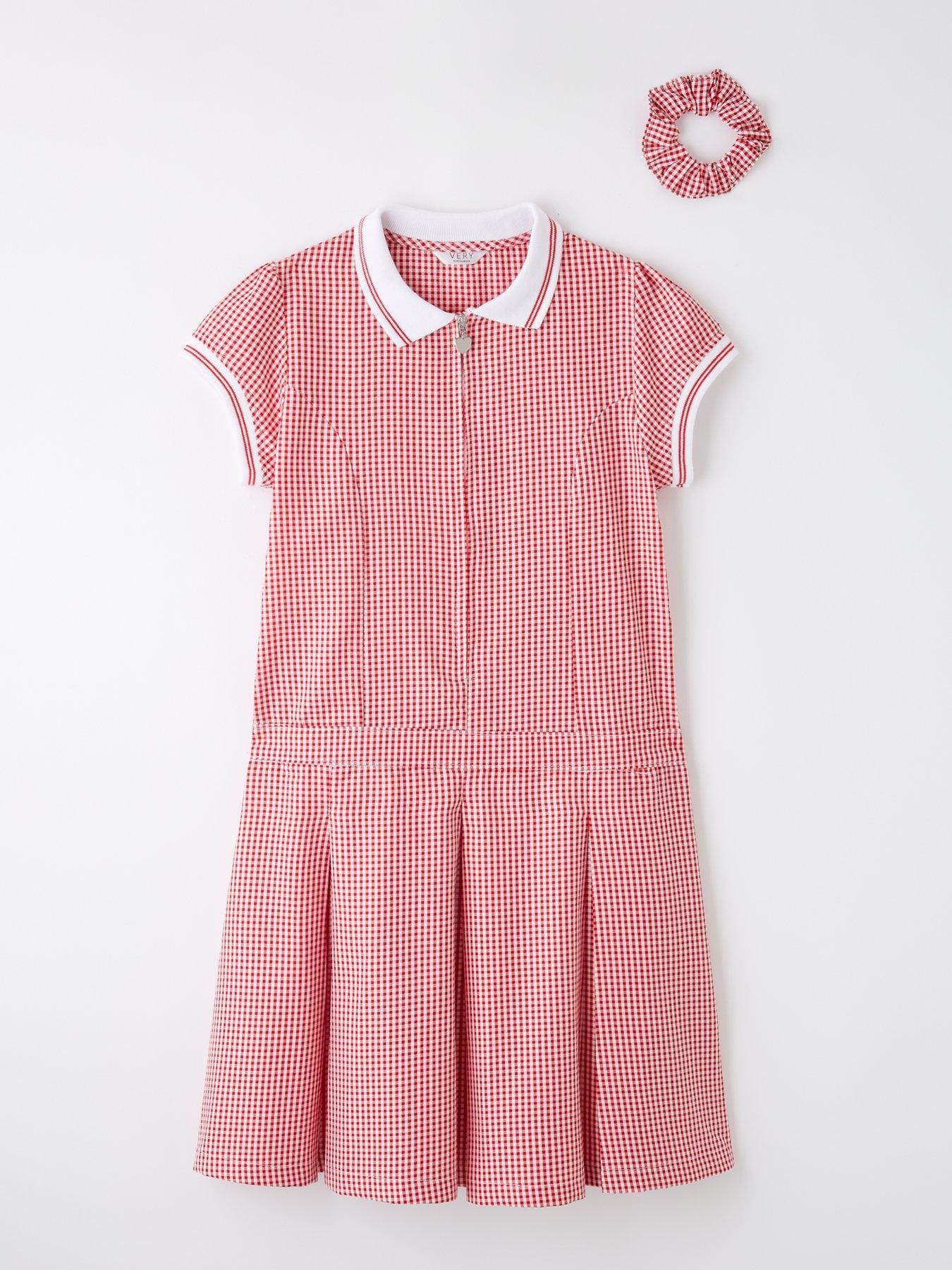 undefined Girls Rib Collar School Summer Gingham Dress - Red