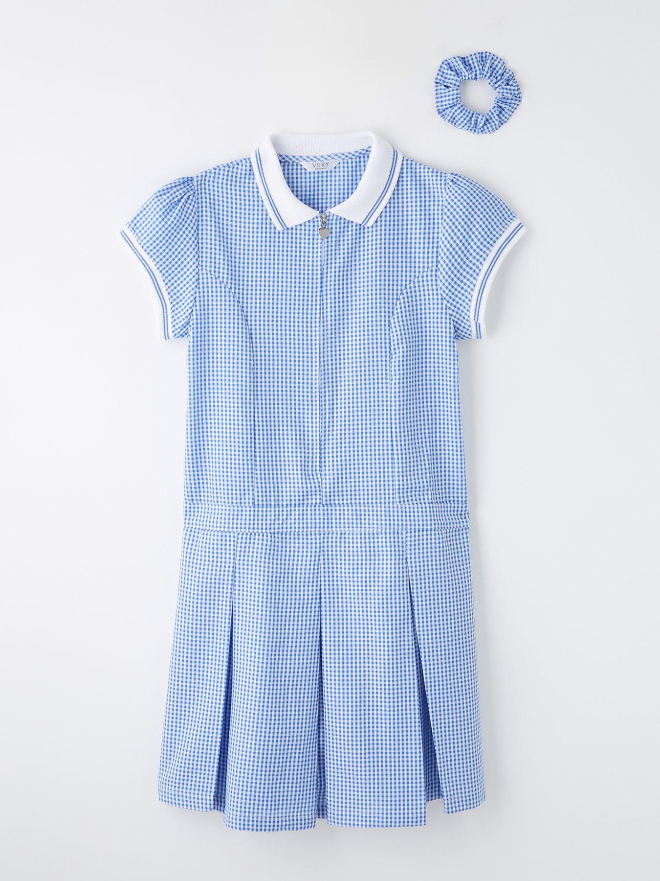 undefined Girls Rib Collar Gingham School Dress - Blue
