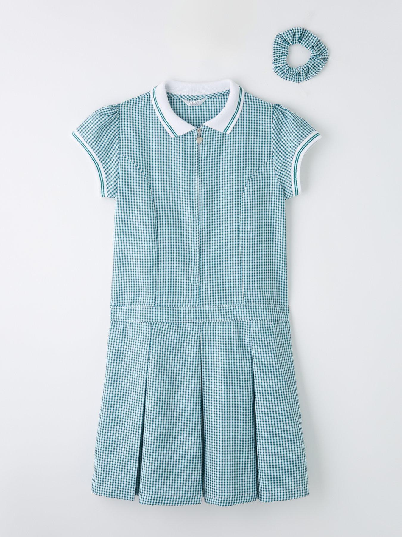 undefined Girls Rib Collar Summer Gingham School Dress - Green