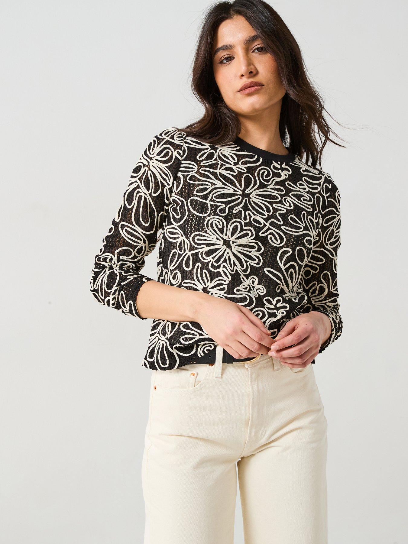 undefined Long Sleeve Cutwork Top - Black