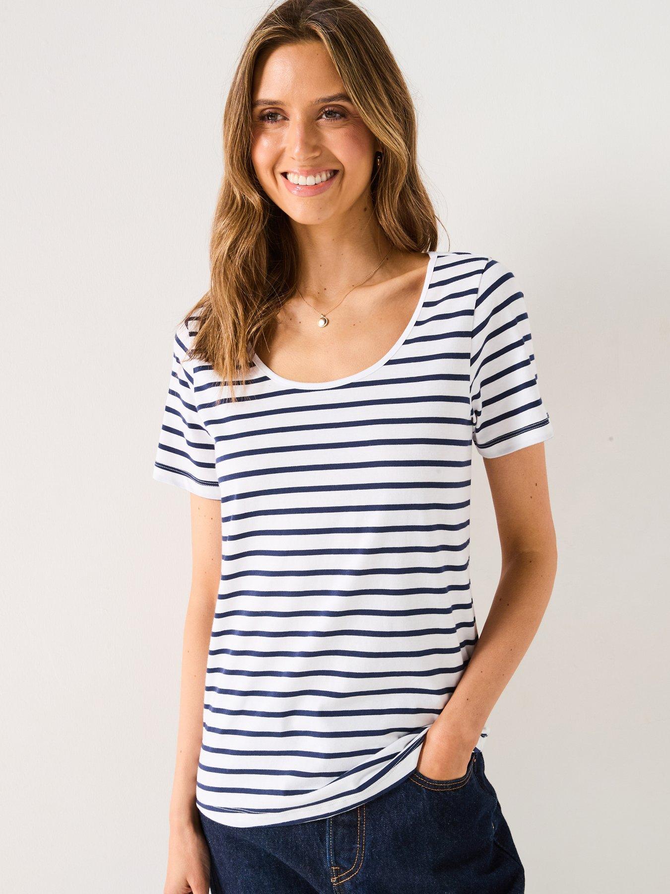 undefined Essential Scoop Neck Stripe T-Shirt - Blue/White