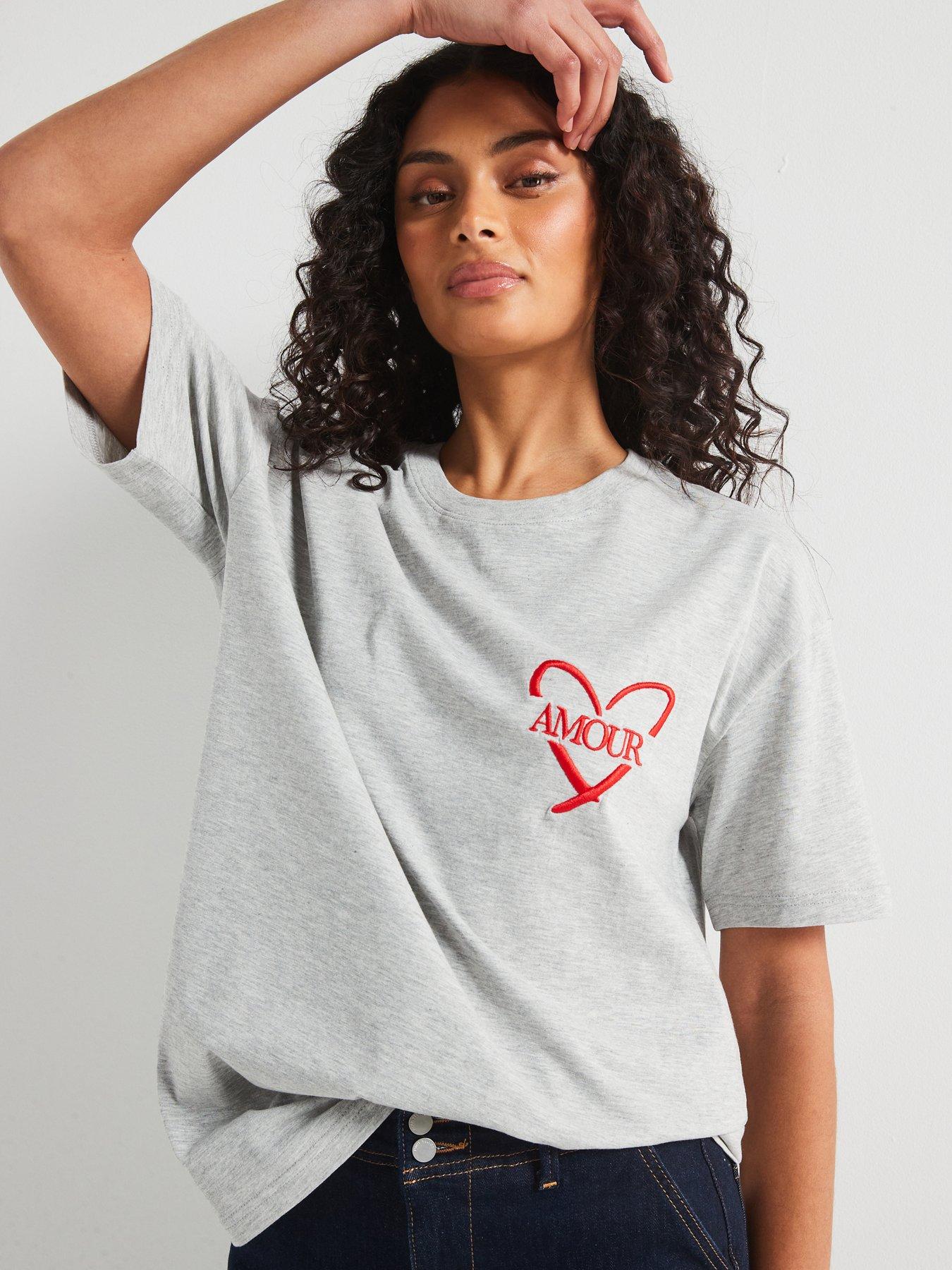 undefined Amour Embroidered T-Shirt - Grey Marl