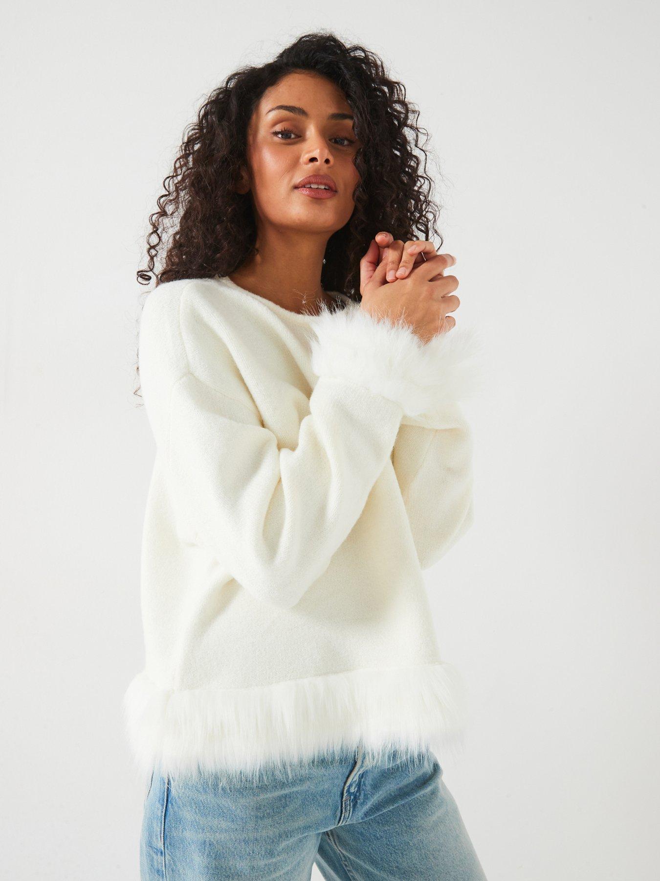 undefined Crew Neck Fur Trim Jumper - Cream