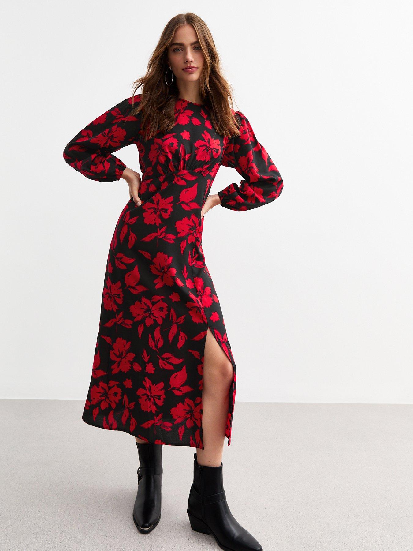 New Look Floral Print Slit Hem Midi Dress Black Very