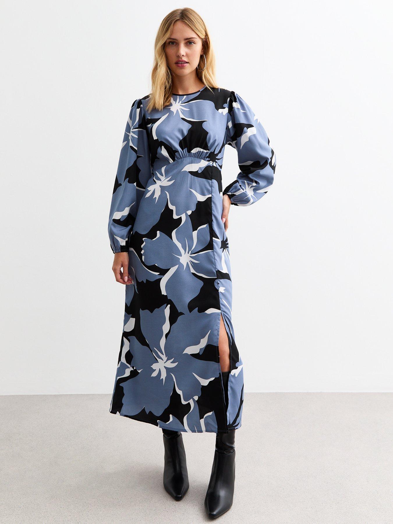 Floral Print A Line Midi Dress Blue