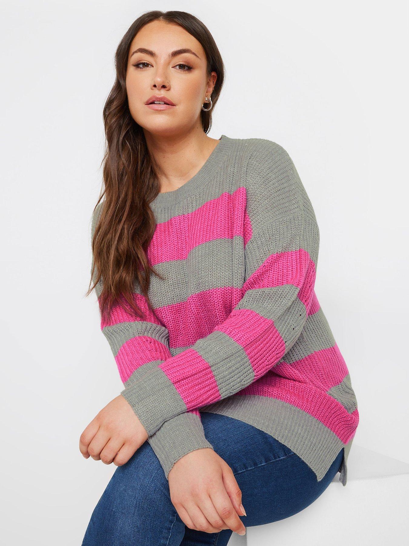 Drop Shoulder Pink Strip Sweater  - (Small - 3X)