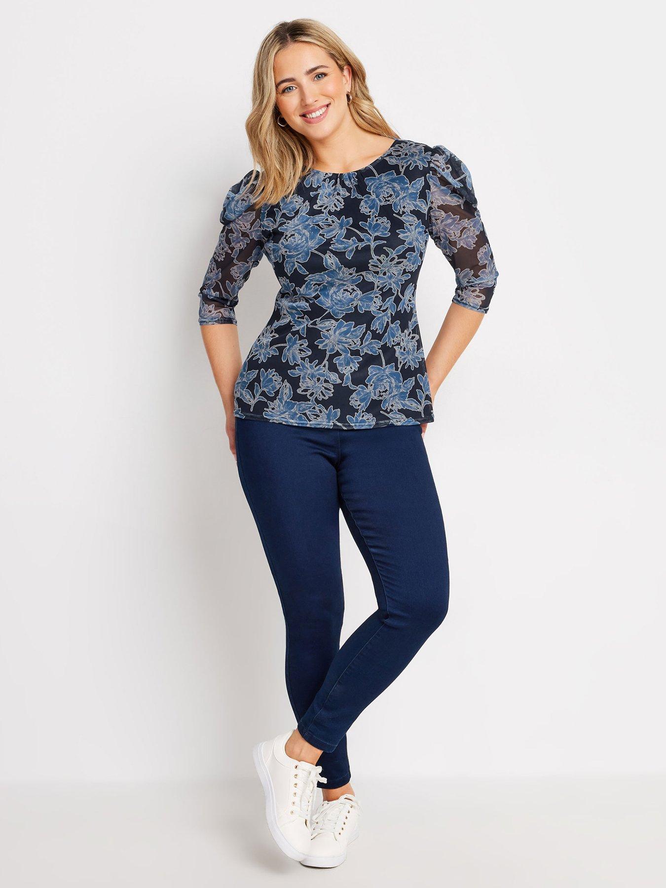 Image 3 of 4 of M&Co Flower Mesh Ruched Sleeve Top - Multi