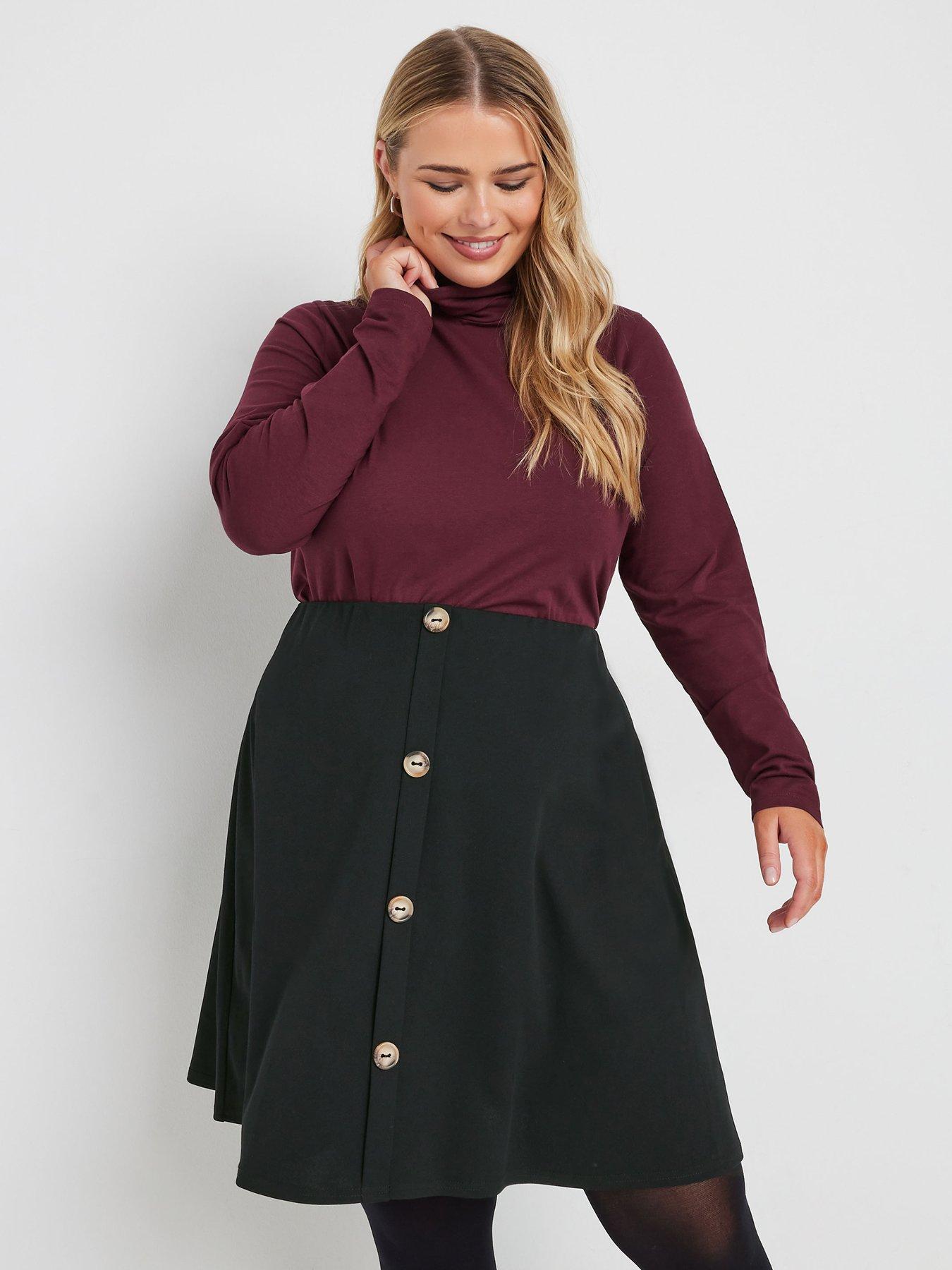 Yours Curve Button Front A Line Skirt - Black, Black, Size 26-28, Women