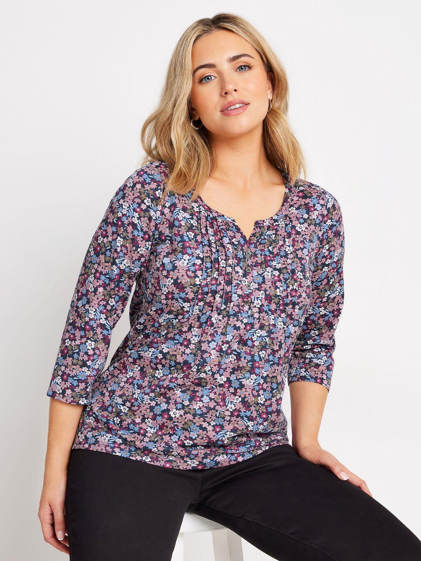 undefined 3/4 Sleeve Cotton Henley Top - Blue