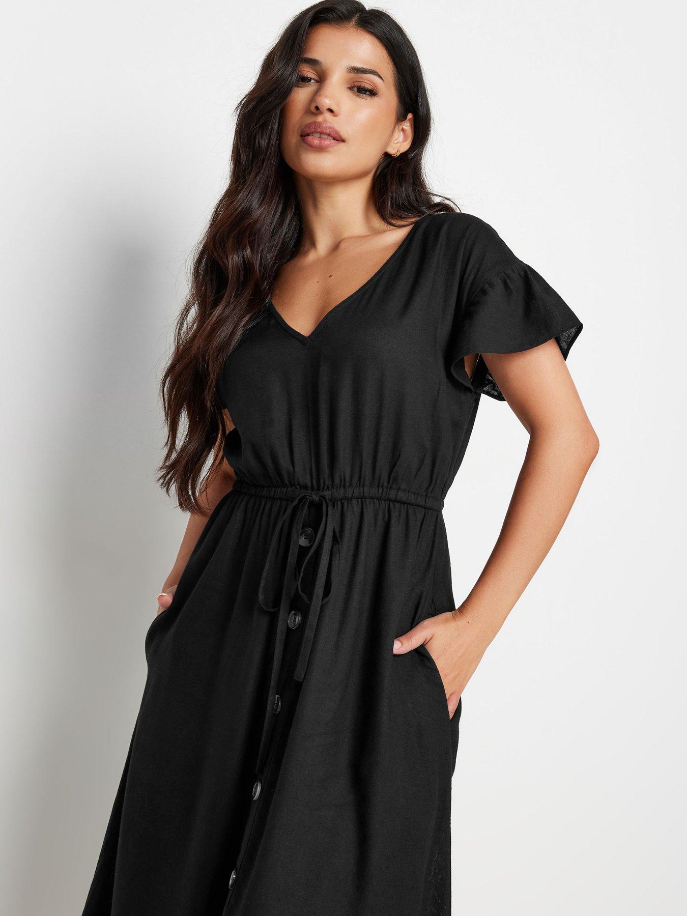 Petite Frill Sleeve Tie Maxi Dress Black