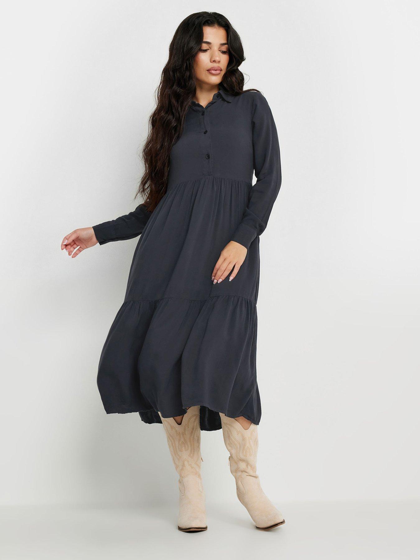 Image 3 of 4 of PixieGirl Petite Acid Wash Button Smock Dress