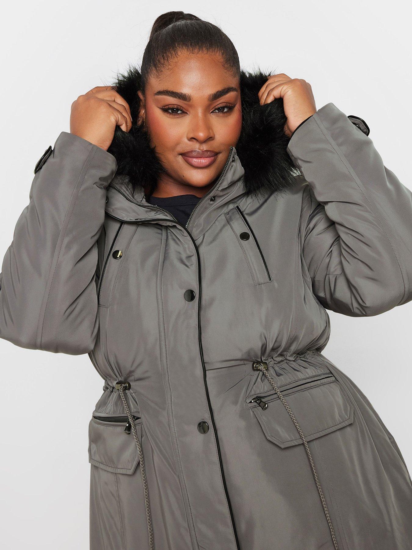 Yours Curve Plush Fur Trim Parka Grey Very