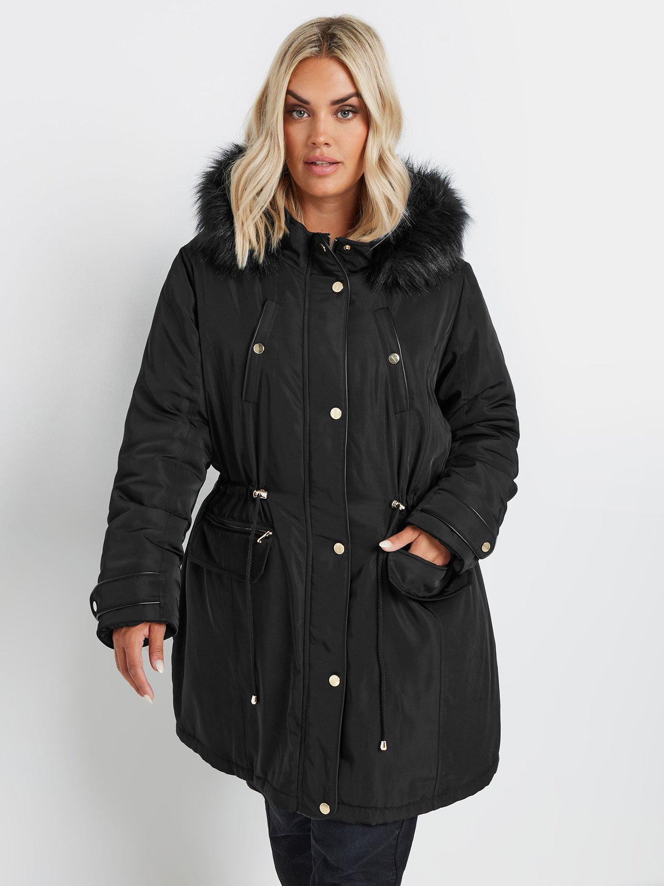Yours Curve Plush Fur Trim Parka - Black
