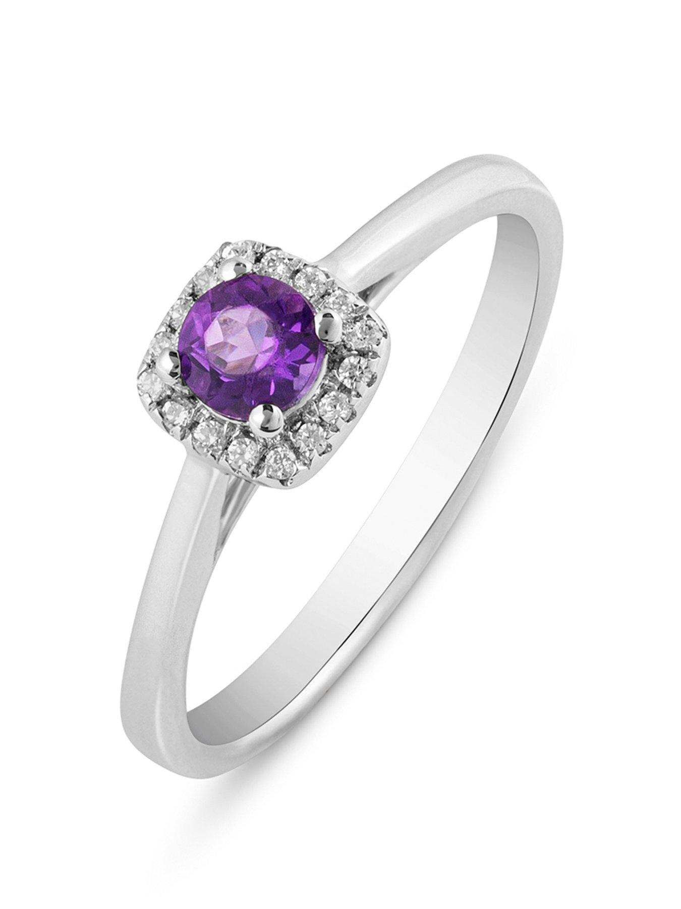 Product photograph of Love Diamond Amethyst Diamond Halo Solitaire Ring from very.co.uk