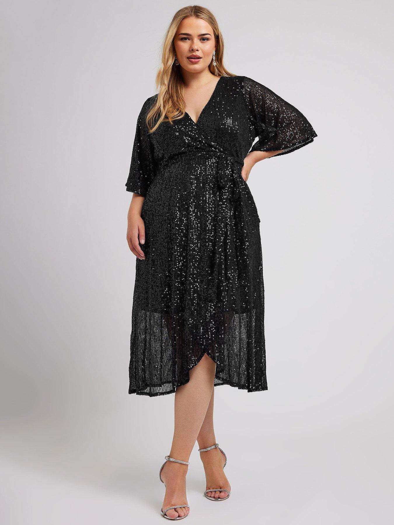Yours Curve Sequin Wrap Tulip Dress - Black