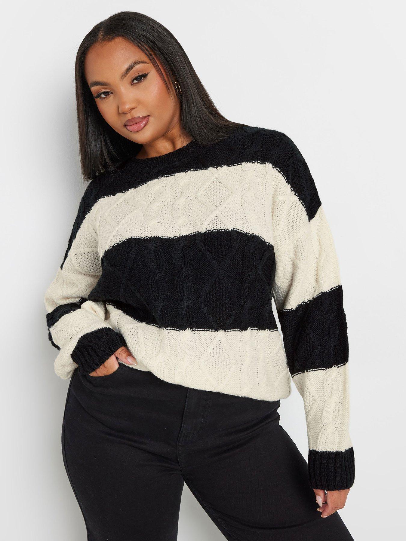 Yours Curve Cable Stripe Mix Jumper - Black/White