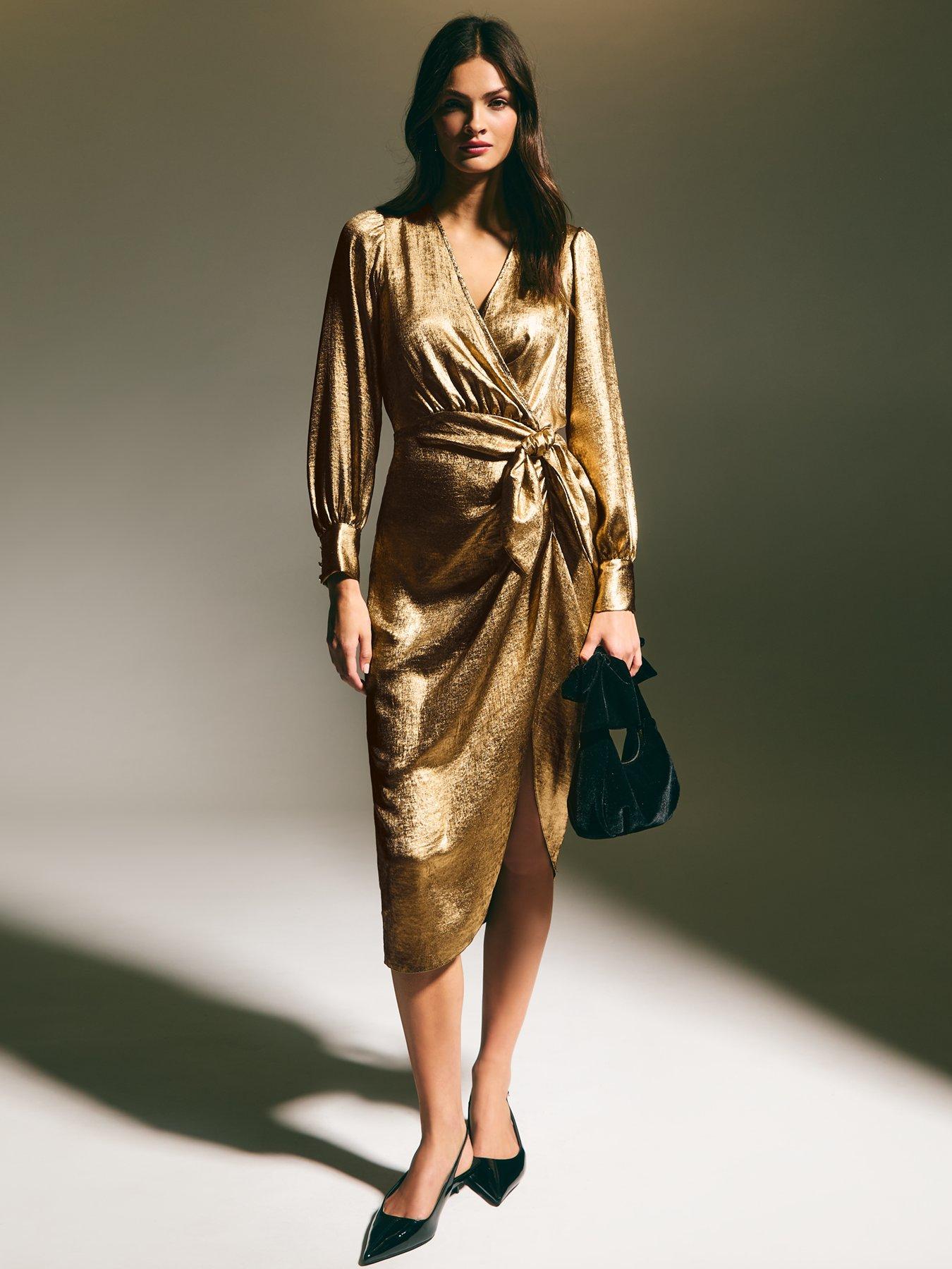 undefined Gold Foil Long Sleeve Wrap Midi Dress