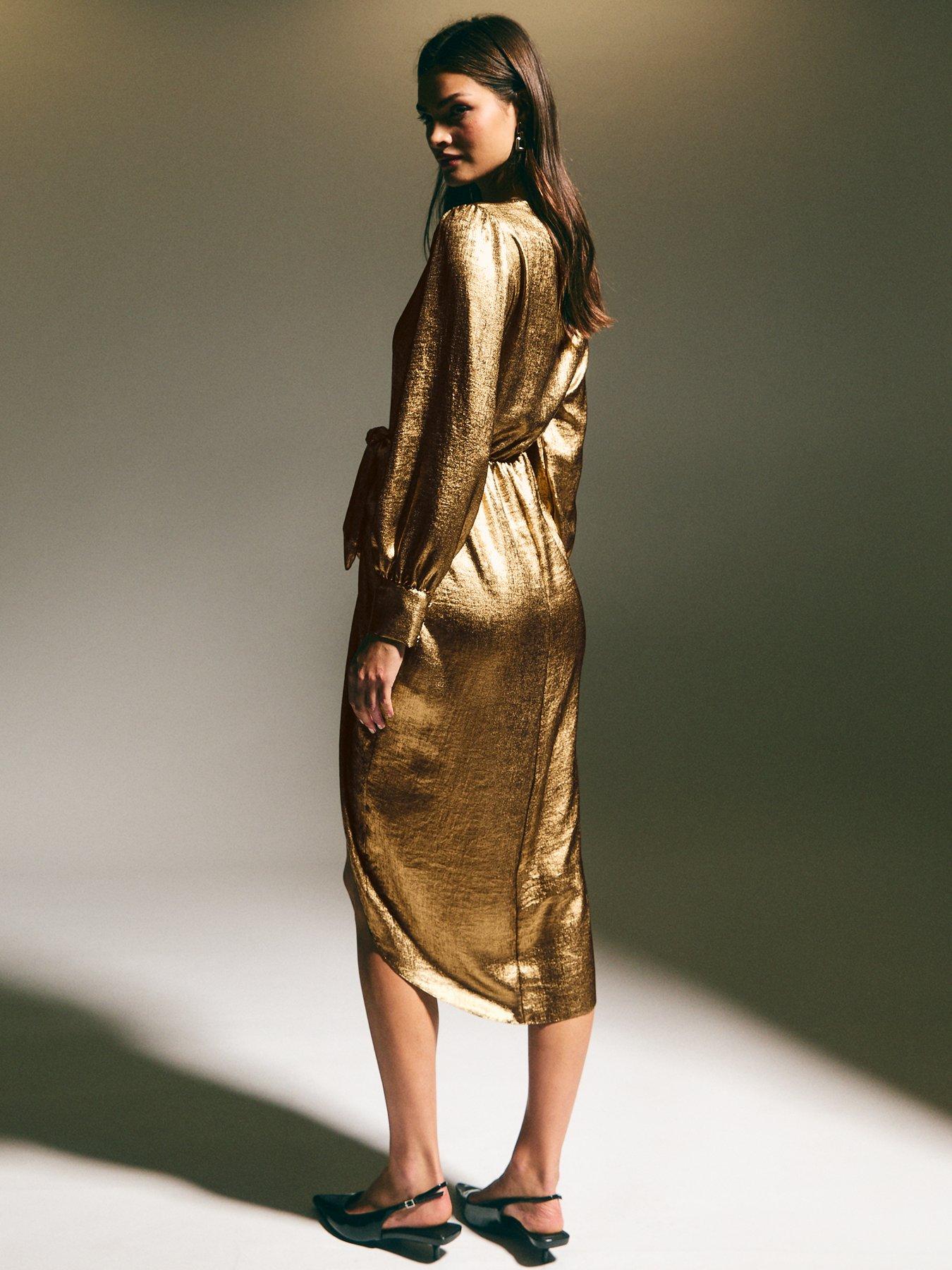New Look Gold Foil Long Sleeve Wrap Midi Dress | Very