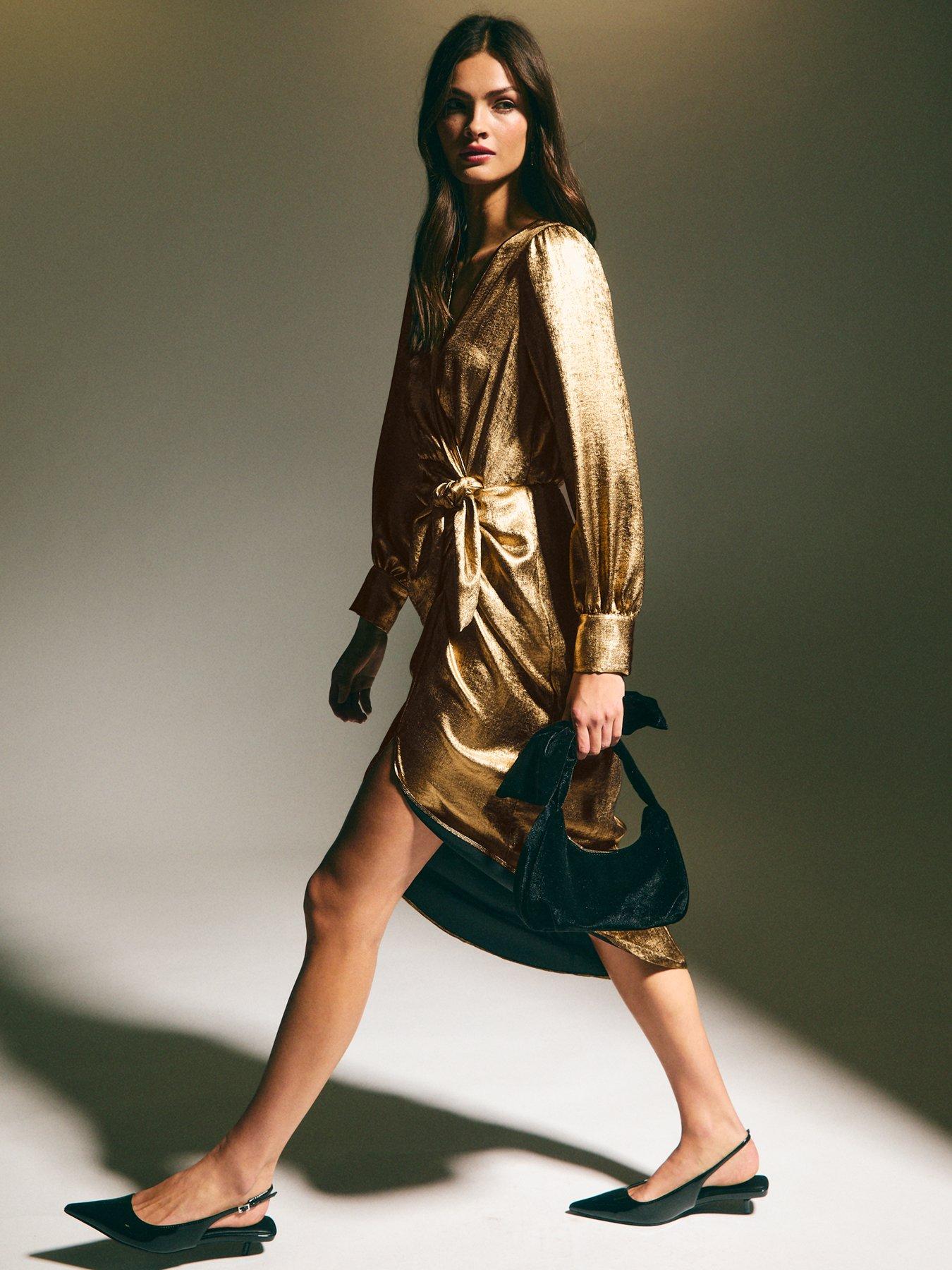 New Look Gold Foil Long Sleeve Wrap Midi Dress | Very