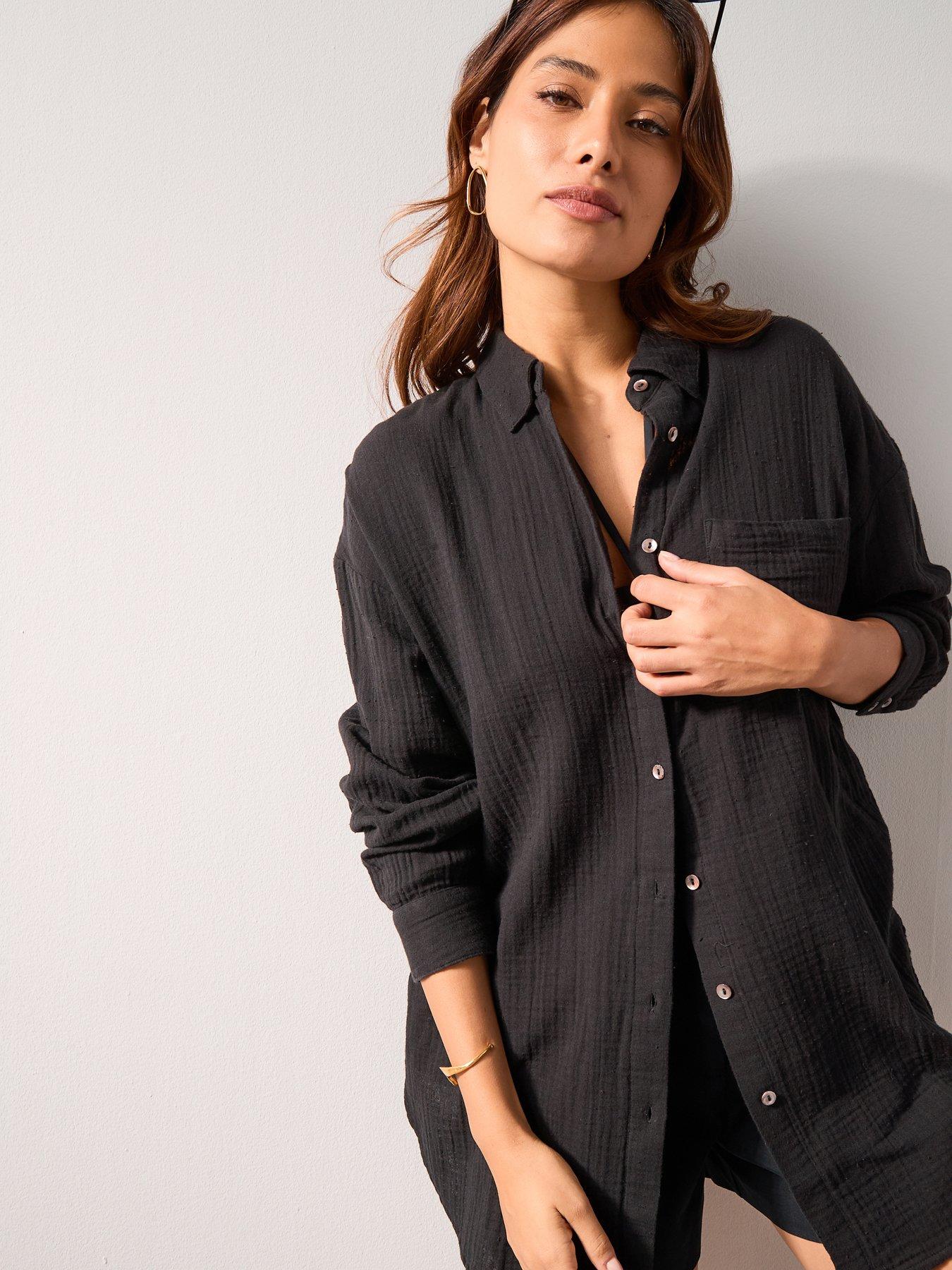 V by Very Long Sleeve Beach Shirt - Black