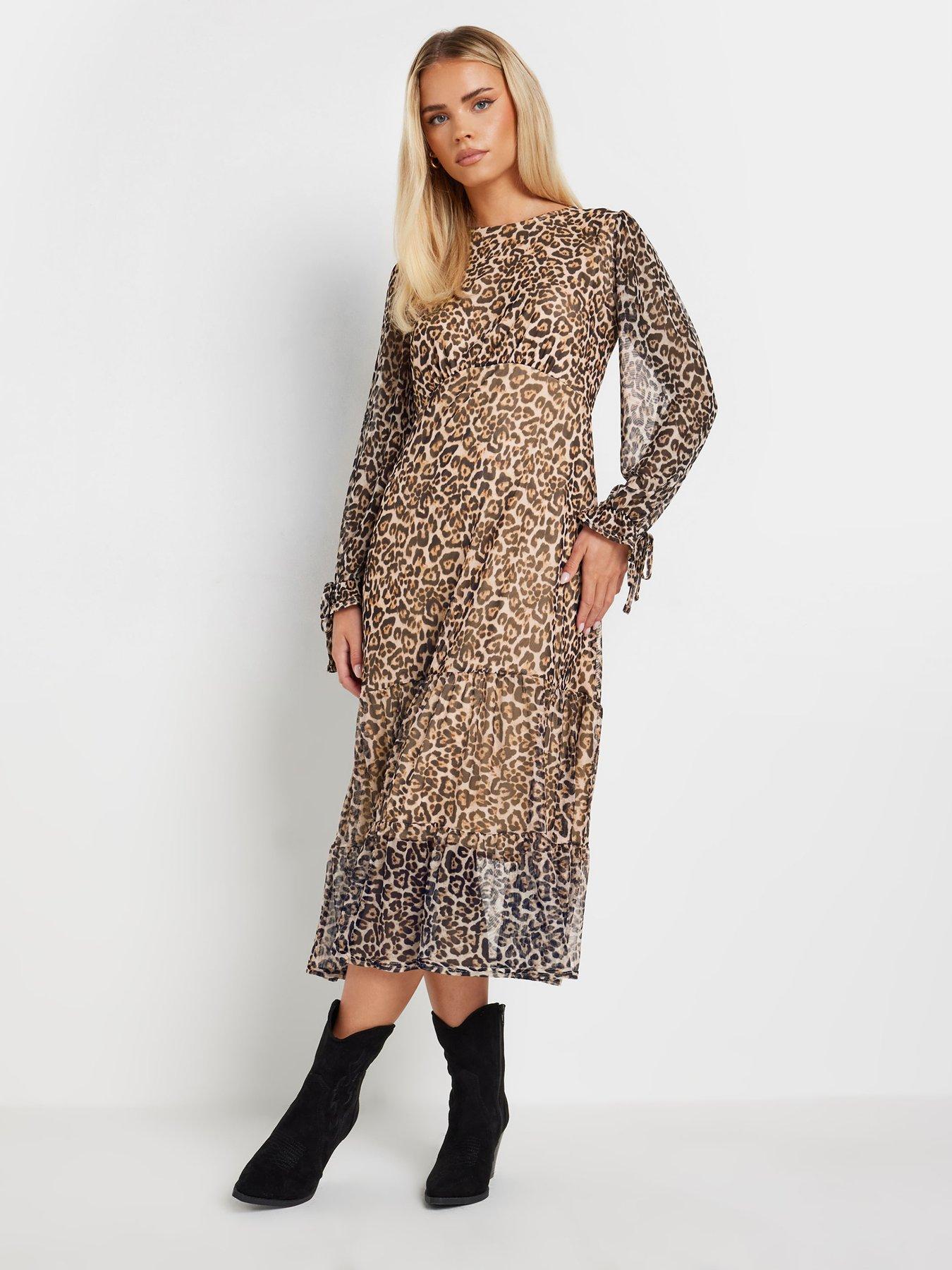undefined Petite Animal Long Sleeve Mesh Tiered Midi Dress