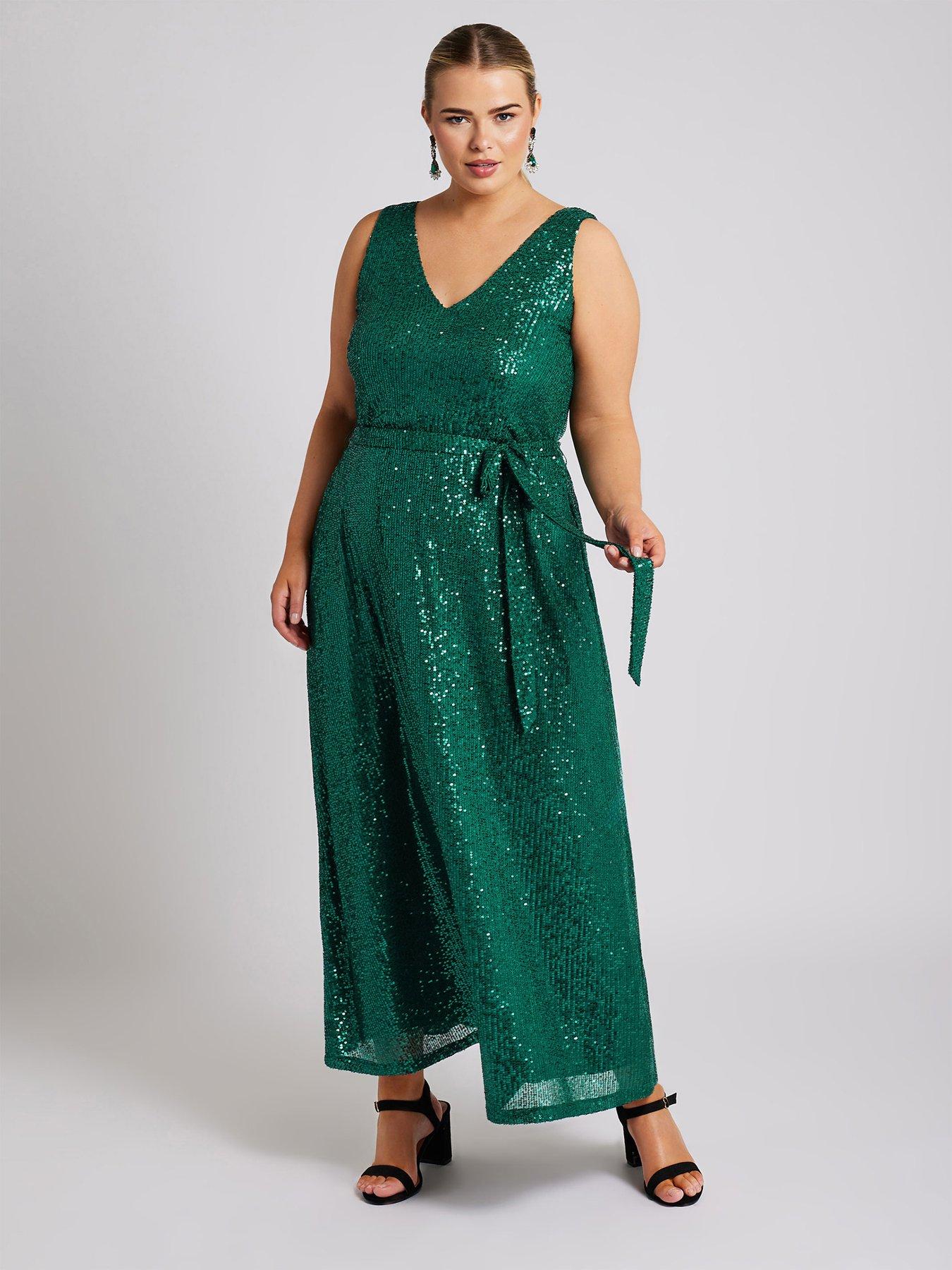 Yours Curve Sequin V Neck Maxi Dress - Green