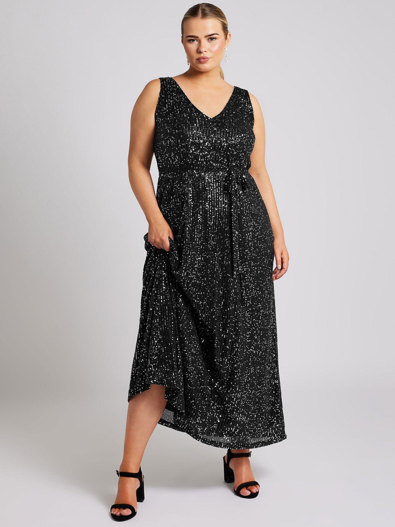 Yours Curve Sequin V Neck Maxi Dress - Black