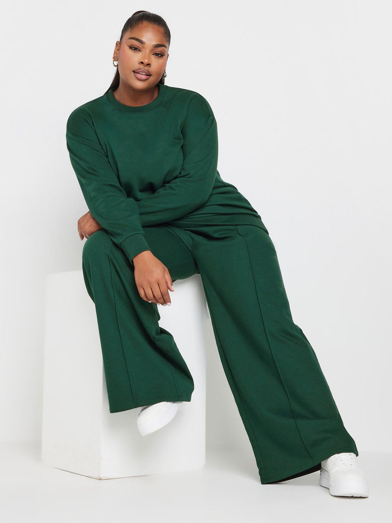 Yours Curve Crew Neck Sweatshirt With Wide Leg Jogger Set Green Very