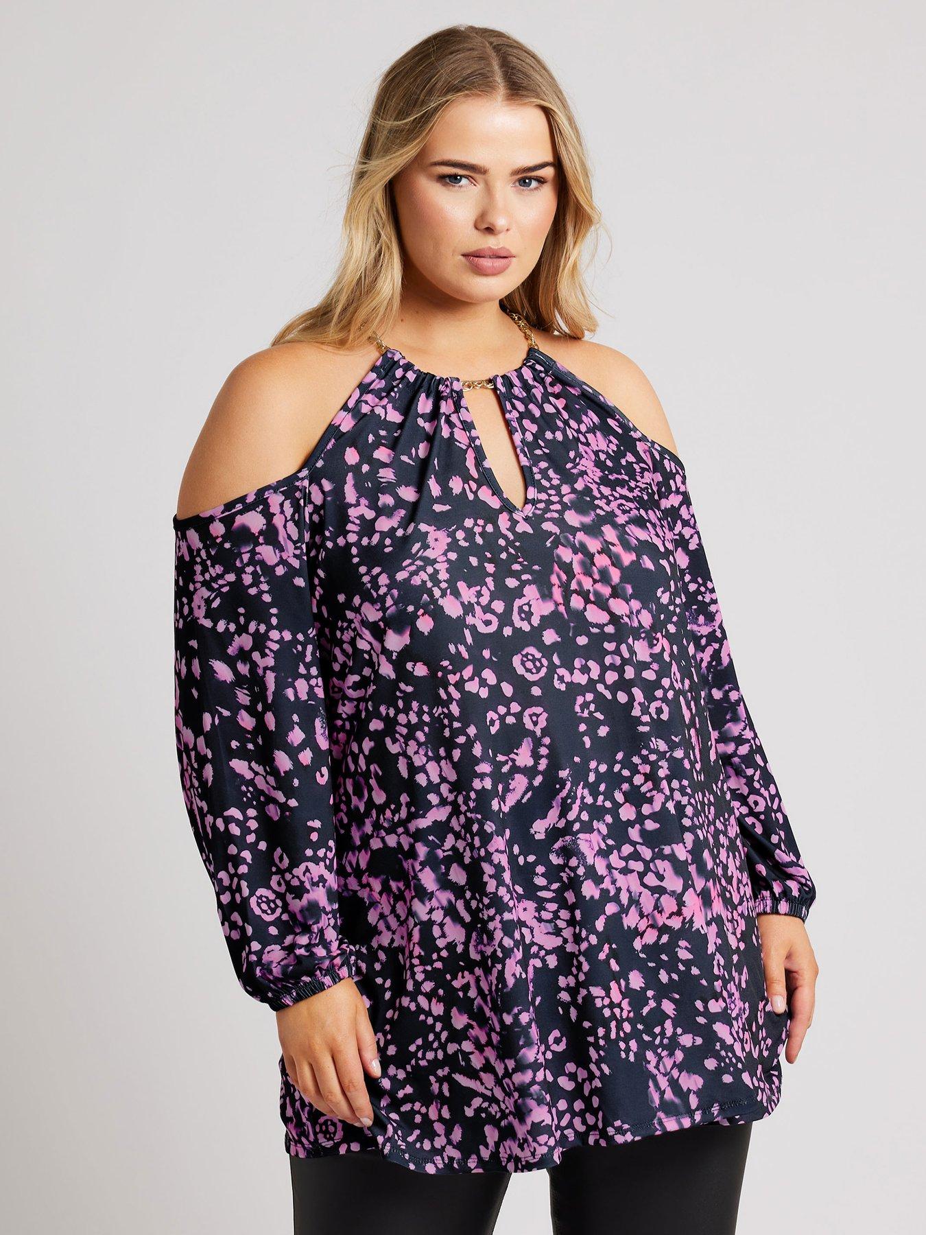 Yours Curve Chain Halter Cold Shoulder Long Sleeve Top - Purple