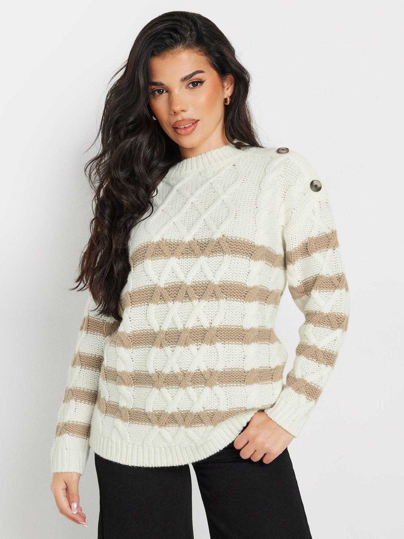 PixieGirl Petite Stripe Cable Button Jumper - Ivory