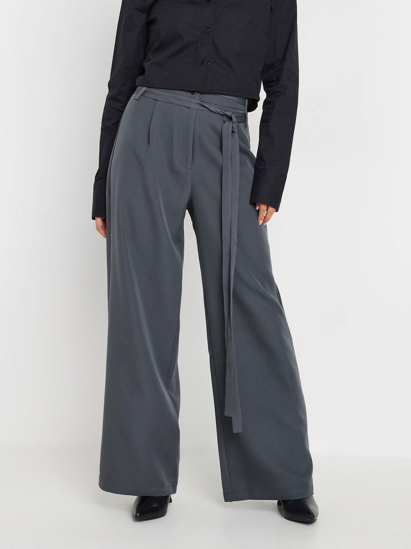 undefined Petite Belted Wide Leg Trousers - Grey
