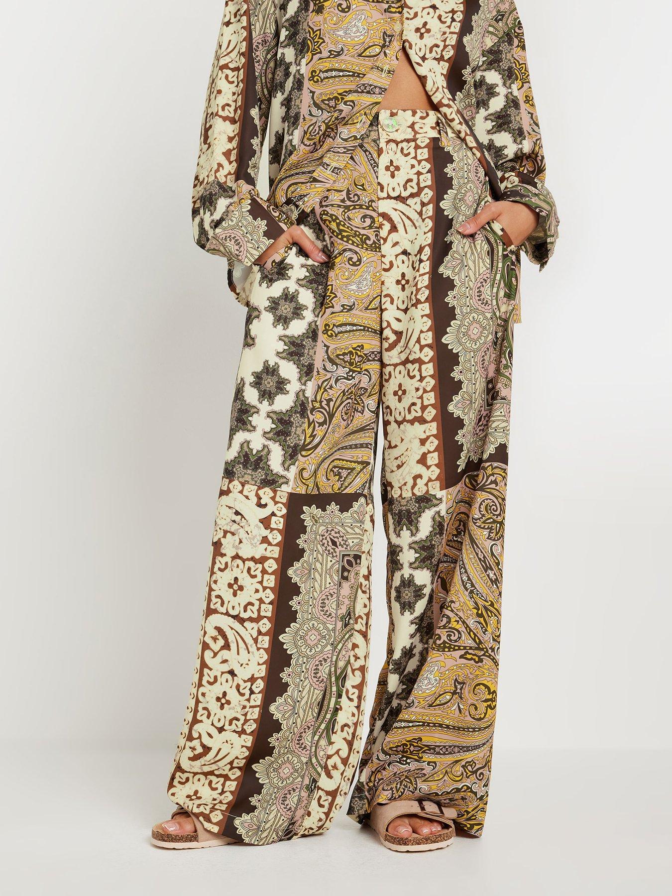 undefined Petite Boho Patchwork Wide Leg Trousers - Brown