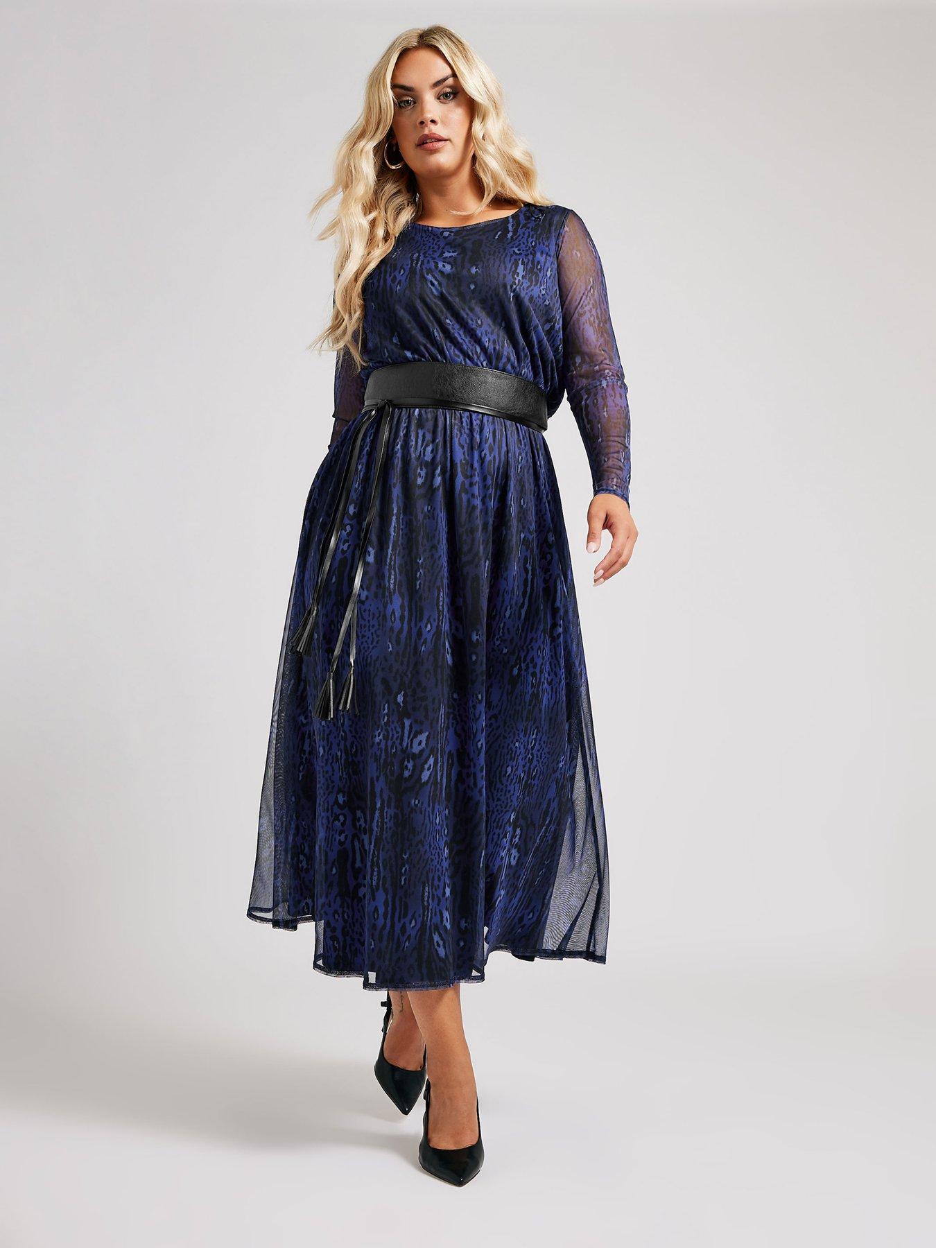 Yours Curve Long Sleeve Mesh Dress With Belt Blue Very