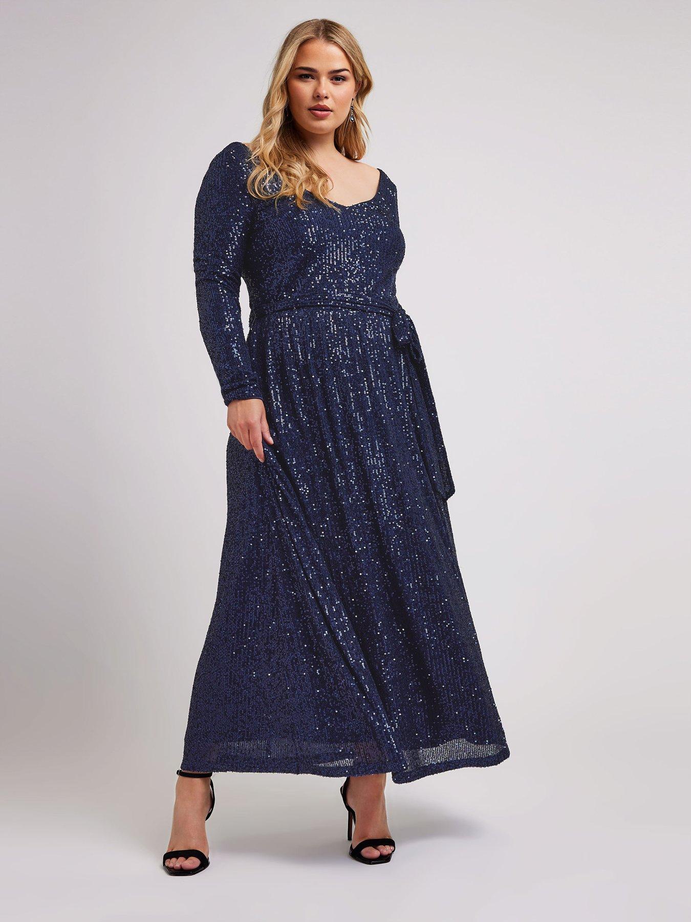 undefined Curve Sequin V Neck Long Sleeve Maxi Dress - Blue