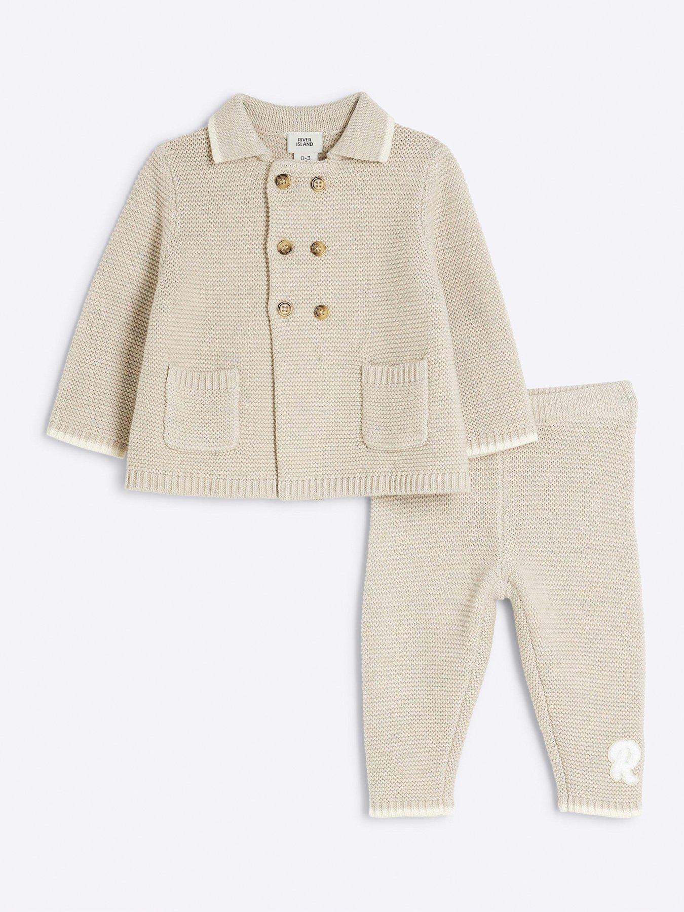 undefined Unisex Knitted Button Cardigan Set - Beige