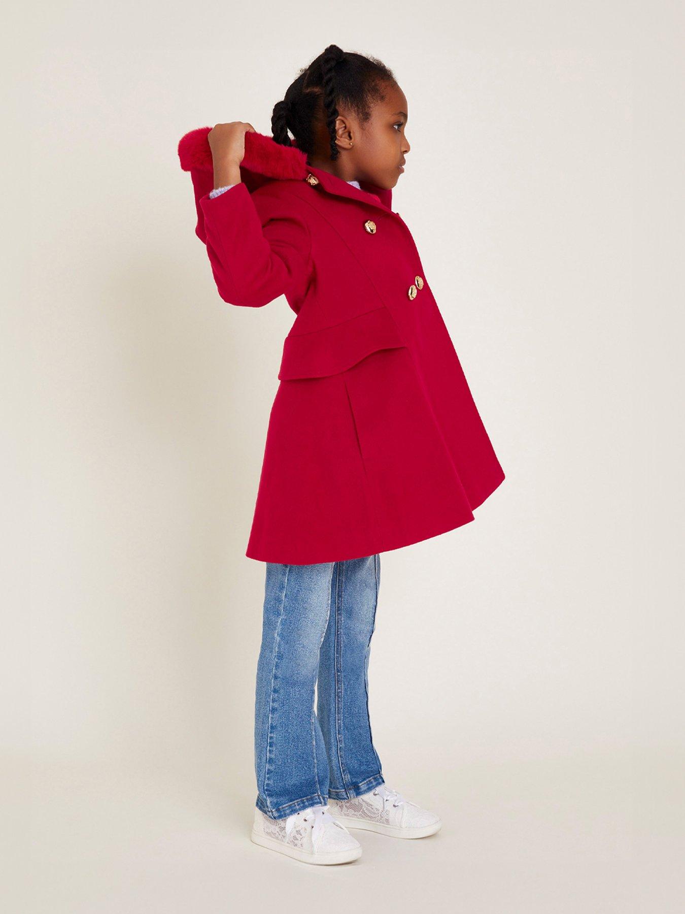 Girls Double Breasted Faux Fur Hooded Coat Red