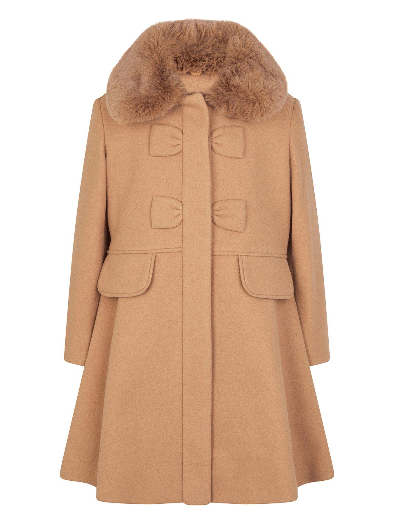 undefined Girls Faux Fur Collar Bow Swing Coat - Camel