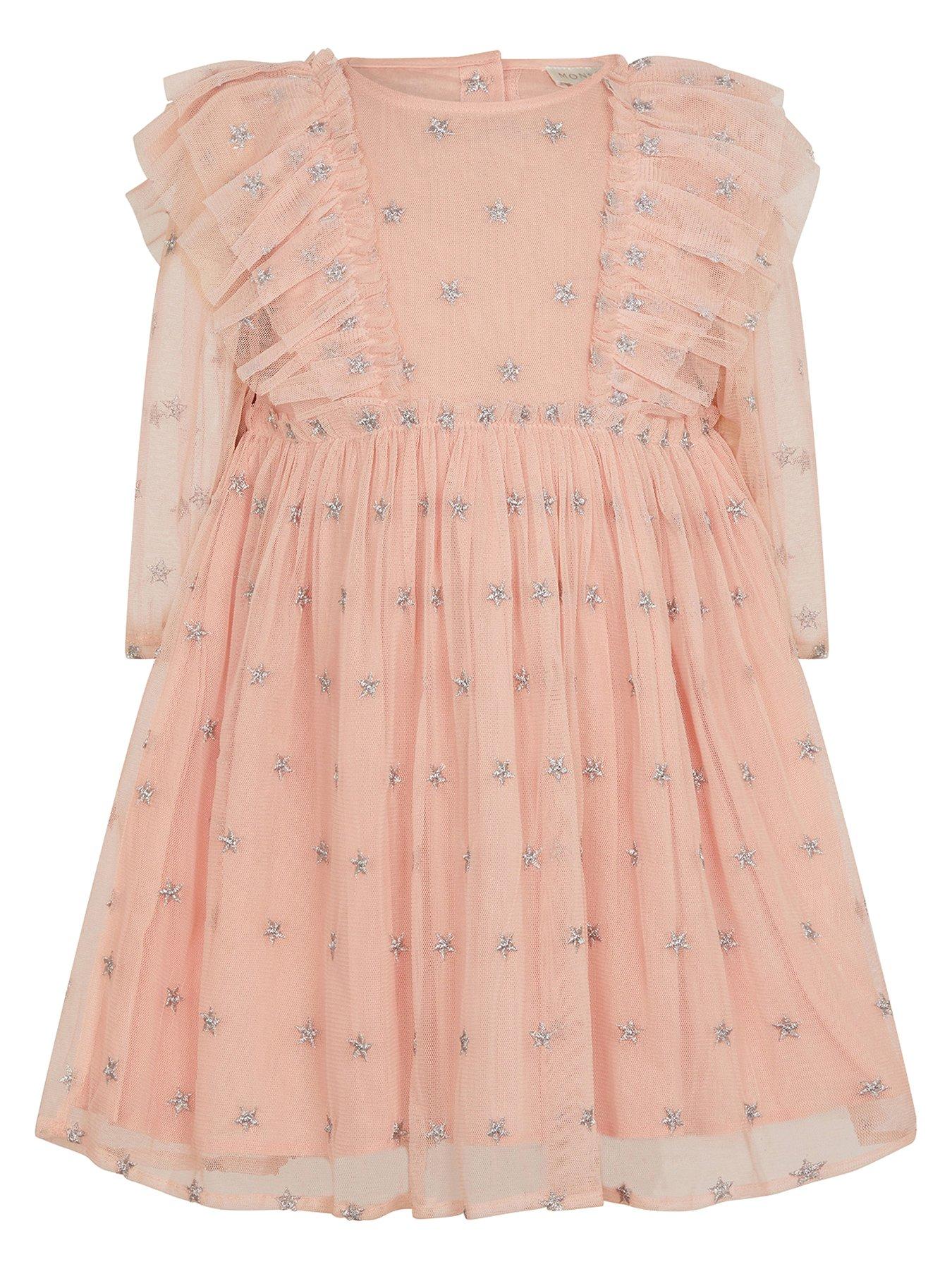 Image 1 of 3 of Monsoon Baby Girls Sparkle Star Tulle Dress - Pale Pink